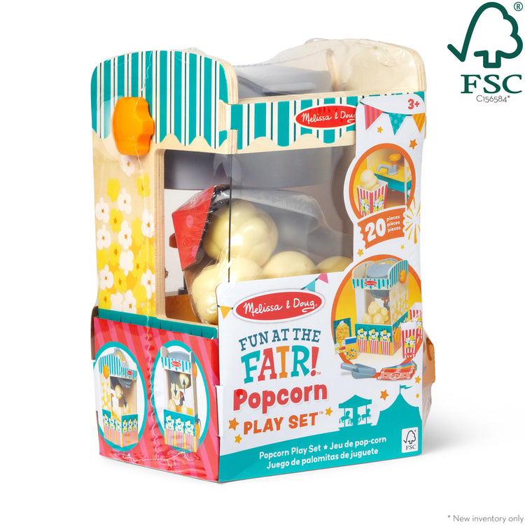 The front of the box for The Melissa & Doug Fun at the Fair! Wooden Popcorn Popping Play Food Set