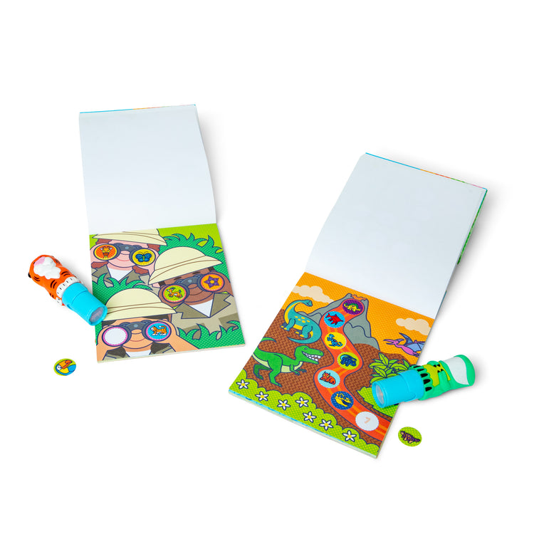 The loose pieces of The Melissa & Doug Sticker WOW!™ Dinosaur and Tiger Bundle: 2 24-Page Activity Pads, 2 Sticker Stampers, 600 Stickers, Arts and Crafts Fidget Toy Collectible Characters