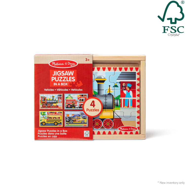 The front of the box for The Melissa & Doug Vehicles 4-in-1 Wooden Jigsaw Puzzles in a Storage Box (48 pcs)