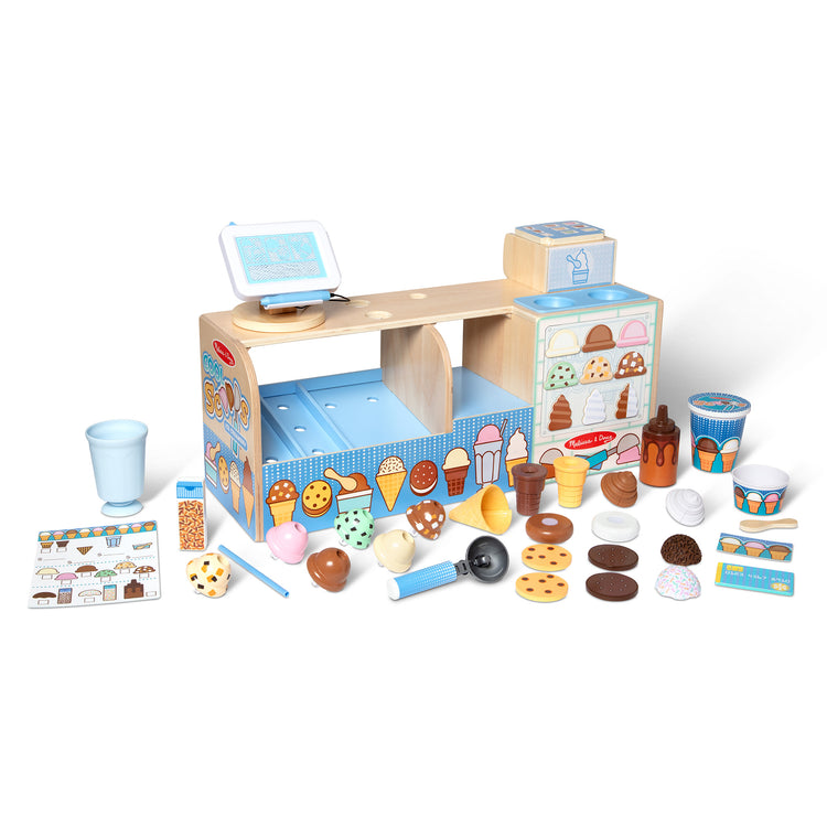 The loose pieces of The Melissa & Doug Wooden Cool Scoops Ice Creamery Play Food Toy