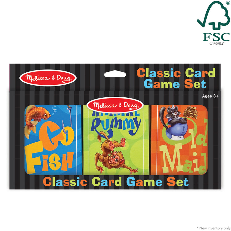 The front of the box for The Melissa & Doug Classic Card Games Set - Old Maid, Go Fish, Rummy
