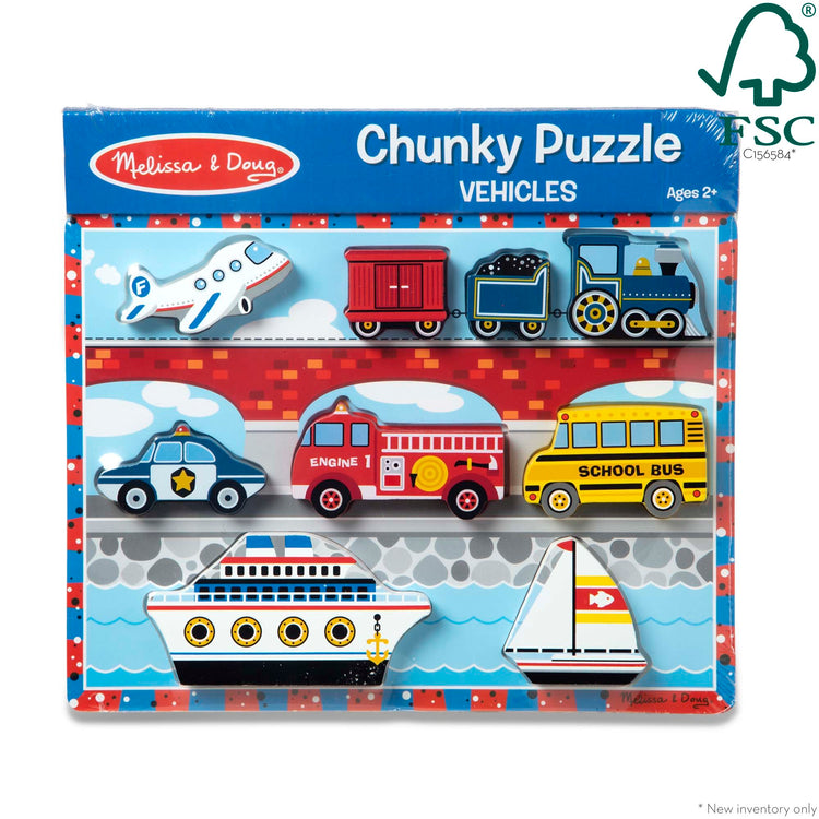 The front of the box for The Melissa & Doug Vehicles Wooden Chunky Puzzle - Plane, Train, Cars, and Boats (9 pcs)