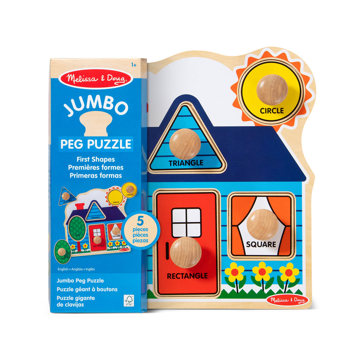 The front of the box for The Melissa & Doug First Shapes Jumbo Knob Wooden Puzzle