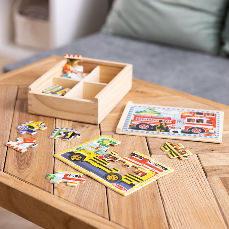 A playroom scene with The Melissa & Doug Vehicles 4-in-1 Wooden Jigsaw Puzzles in a Storage Box (48 pcs)