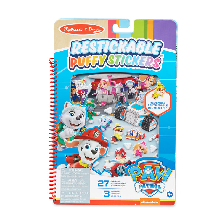The front of the box for The Melissa & Doug PAW Patrol Restickable Puffy Stickers -  Jake's Mountain (27 Reusable Stickers)