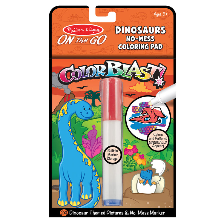 The front of the box for The Melissa & Doug On the Go ColorBlast! Travel Activity Book With No-Mess Marker - Dinosaur