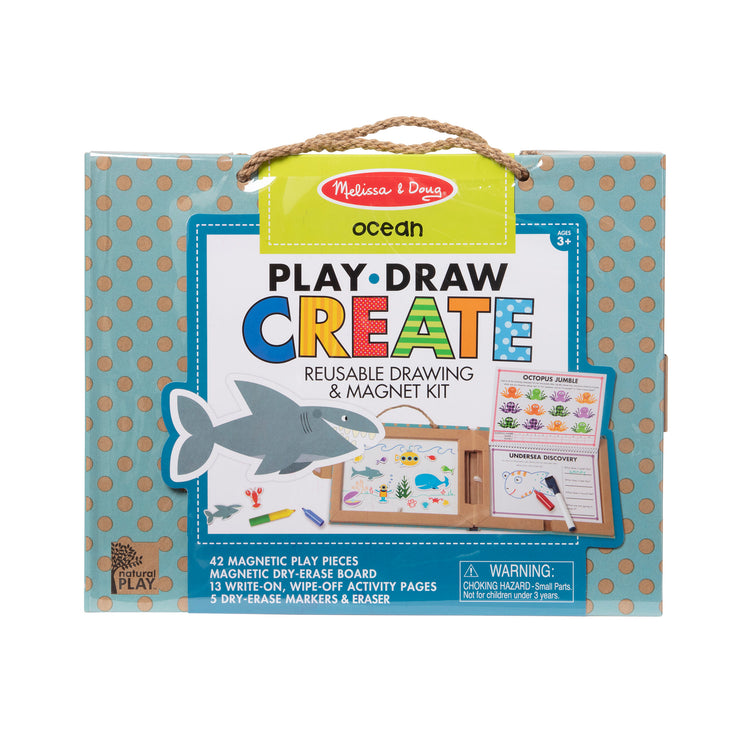 The front of the box for The Melissa & Doug Natural Play: Play, Draw, Create Reusable Drawing & Magnet Kit – Ocean (42 Magnets, 5 Dry-Erase Markers)