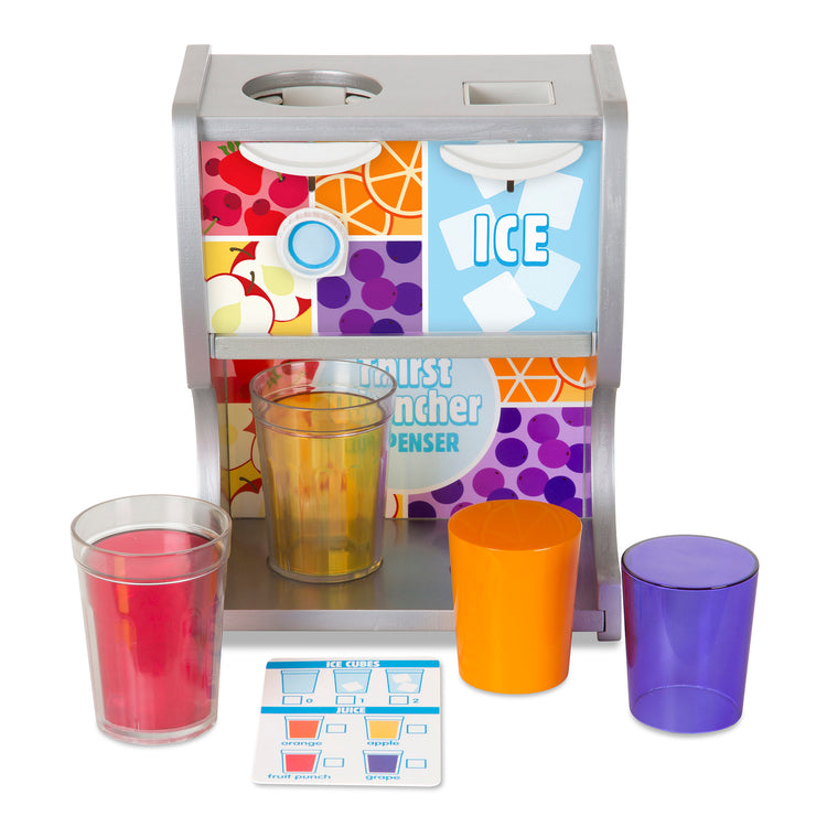The loose pieces of The Melissa & Doug Wooden Thirst Quencher Drink Dispenser With Cups, Juice Inserts, Ice Cubes