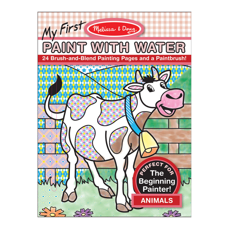 The front of the box for The Melissa & Doug My First Paint With Water Coloring Book: Animals (24 Painting Pages)