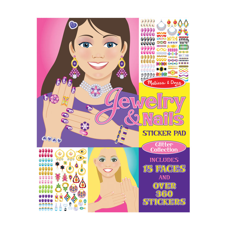 The front of the box for The Melissa & Doug Jewelry and Nails Glitter Sticker Pad - 360+ Stickers, 15 Faces