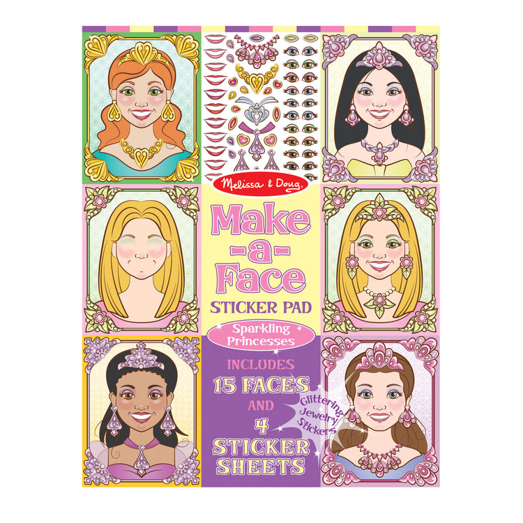 The front of the box for The Melissa & Doug Make-a-Face Sticker Pad: Sparkling Princesses - 15 Faces, 4 Sticker Sheets