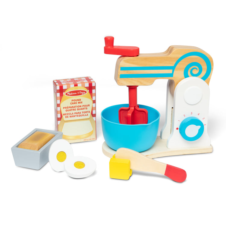 The loose pieces of The Melissa & Doug Wooden Make-a-Cake Mixer Set (11 pcs) - Play Food and Kitchen Accessories