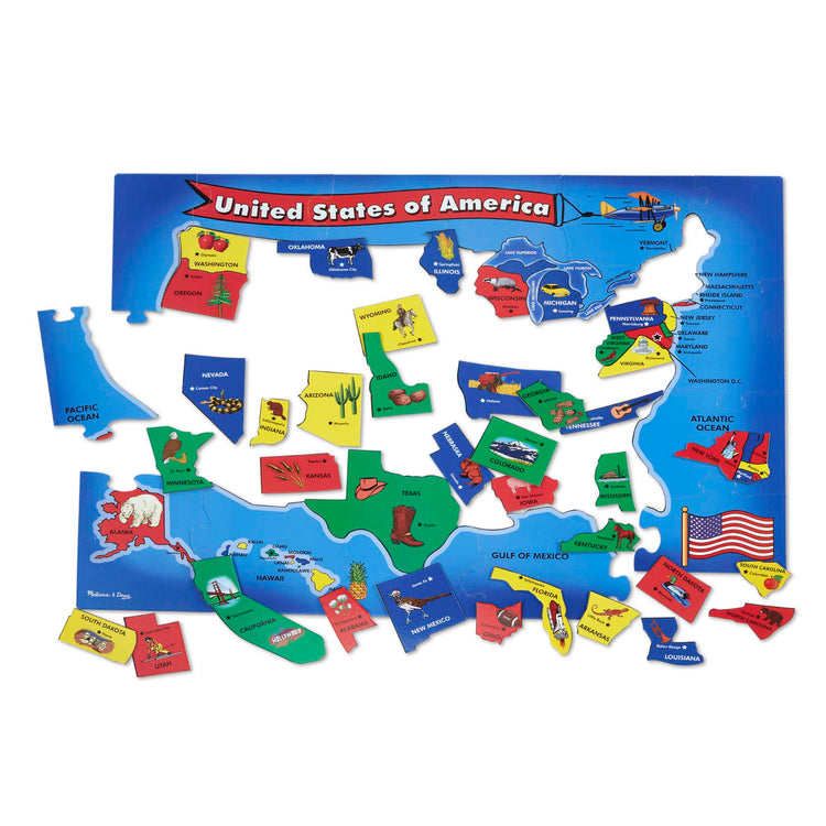 The loose pieces of The Melissa & Doug USA Map Floor Puzzle - 51 Pieces (2 x 3 feet)