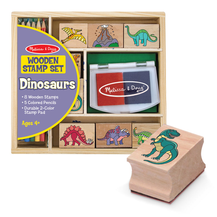 The loose pieces of The Melissa & Doug Wooden Stamp Set: Dinosaurs - 8 Stamps, 5 Colored Pencils, 2-Color Stamp Pad