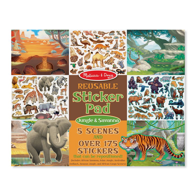 The front of the box for The Melissa & Doug Reusable Sticker Pad: Jungle and Savanna - 175+ Stickers, 5 Scenes