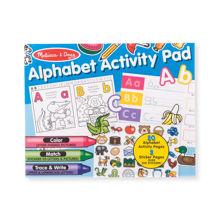 The front of the box for The Melissa & Doug Alphabet Activity Sticker Pad for Coloring, Letters (250+ Stickers)