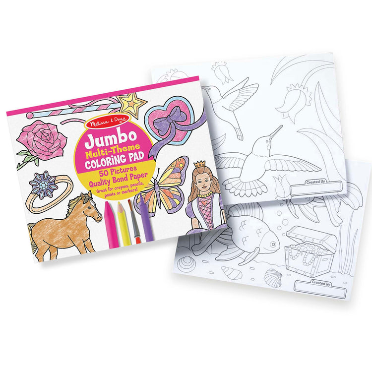 The front of the box for The Melissa & Doug Jumbo 50-Page Kids' Coloring Pad - Horses, Hearts, Flowers, and More