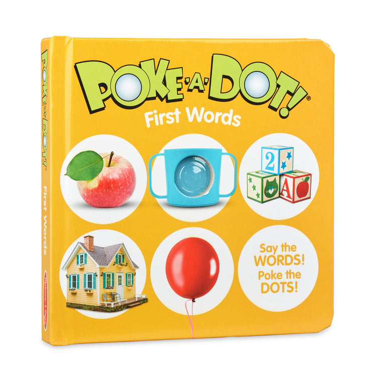 The front of the box for The Melissa & Doug Children’s Book – Poke-a-Dot: First Words (Board Book with Buttons to Pop)