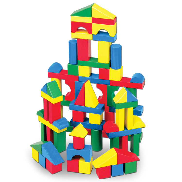An assembled or decorated image of The Melissa & Doug Wooden Building Blocks Set - 100 Blocks in 4 Colors and 9 Shapes