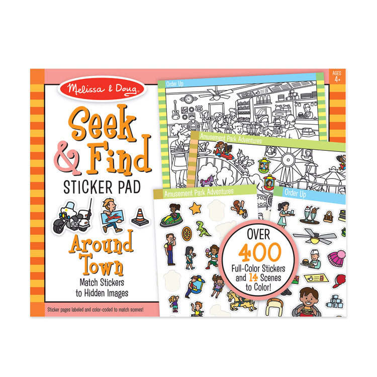 The front of the box for The Melissa & Doug Seek and Find Sticker Pad – Around Town (400+ Stickers, 14 Scenes to Color)