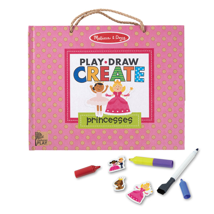 The loose pieces of The Melissa & Doug Natural Play: Play, Draw, Create Reusable Drawing & Magnet Kit – Princesses (54 Magnets, 5 Dry-Erase Markers)