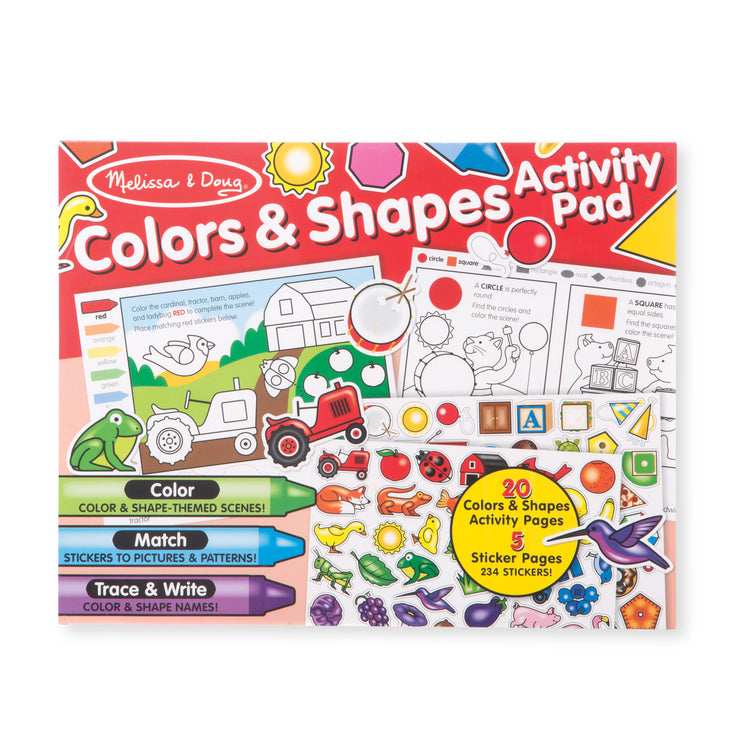 The front of the box for The Melissa & Doug Colors and Shapes Coloring and Sticker Activity Pad