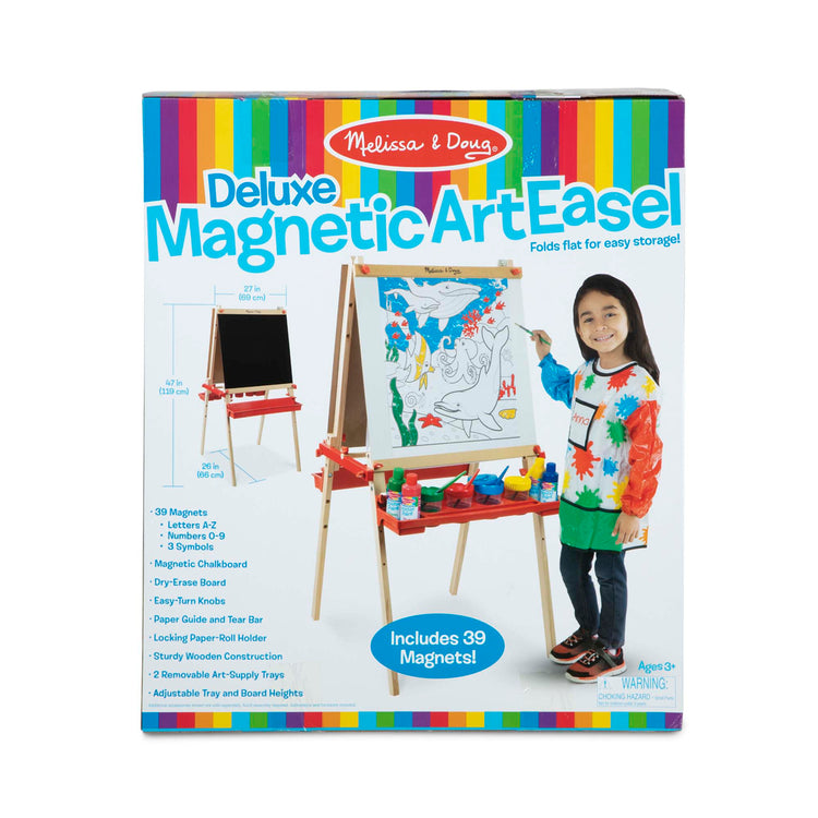The front of the box for The Melissa & Doug Deluxe Magnetic Standing Art Easel With Chalkboard, Dry-Erase Board, and 39 Letter and Number Magnets
