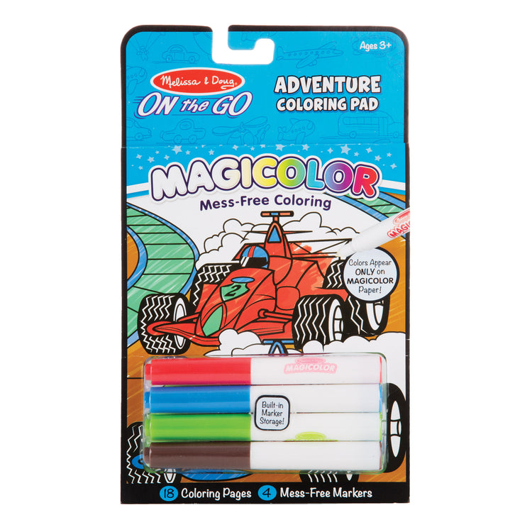 The front of the box for The Melissa & Doug On the Go Magicolor Coloring Pad: Adventure - 18 Coloring Pages and 4 Markers