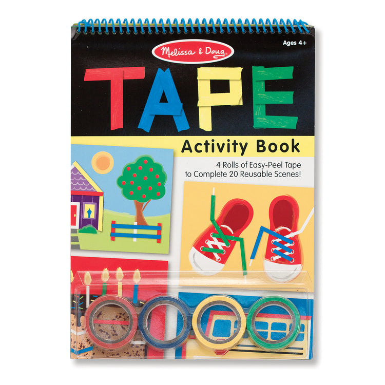 The front of the box for The Melissa & Doug Tape Activity Book: 4 Rolls of Easy-Tear Tape and 20 Reusable Scenes
