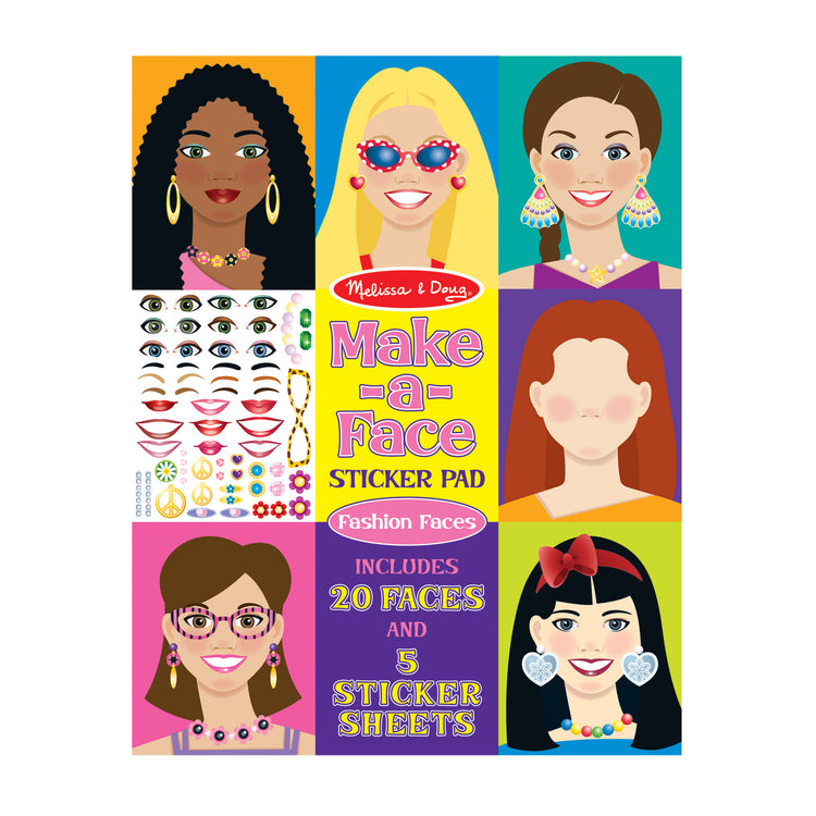 The front of the box for The Melissa & Doug Make-a-Face Sticker Pad - Fashion Faces, 20 Faces, 5 Sticker Sheets