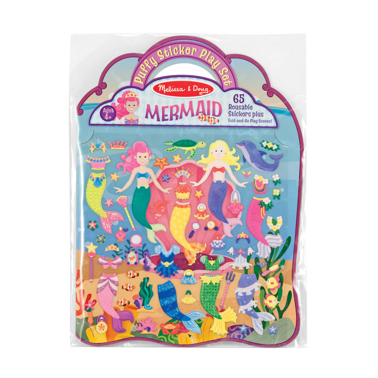 The front of the box for The Melissa & Doug Puffy Sticker Activity Book: Mermaids - 65 Reusable Stickers