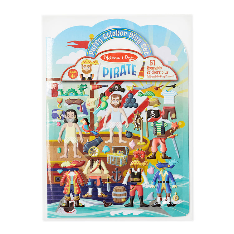 The front of the box for The Melissa & Doug Puffy Sticker Activity Book: Pirates - 51 Reusable Stickers