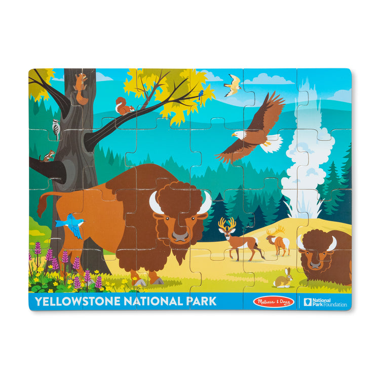 The loose pieces of The Melissa & Doug Yellowstone National Park Wooden Jigsaw Puzzle – 24 Pieces, Animal and Plant ID Guide