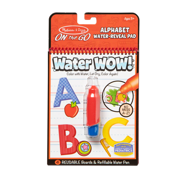 The front of the box for The Melissa & Doug On the Go Water Wow! Reusable Water-Reveal Activity Pad - Alphabet