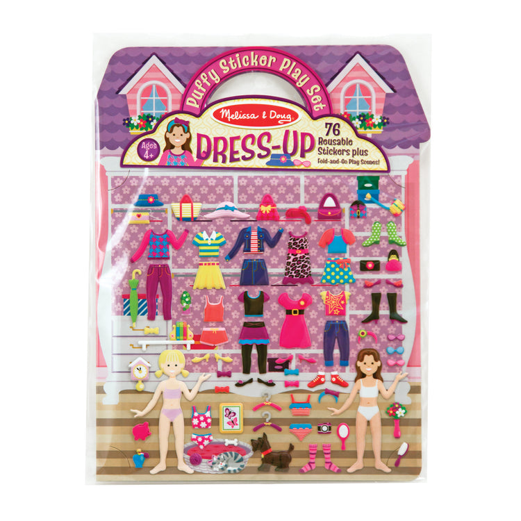 The front of the box for The Melissa & Doug Puffy Sticker Activity Book: Dress-Up - 76 Reusable Stickers