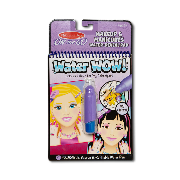 The front of the box for The Melissa & Doug On the Go Water Wow! Reusable Water-Reveal Activity Pad - Makeup and Manicures