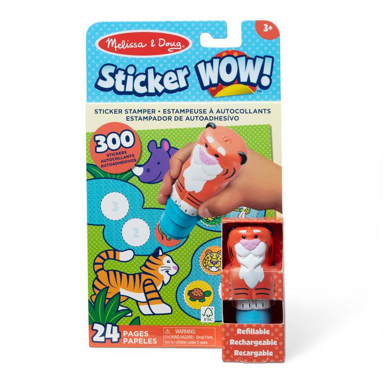 The front of the box for The Melissa & Doug Sticker WOW!™ 24-Page Activity Pad and Sticker Stamper, 300 Stickers, Arts and Crafts Fidget Toy Collectible Character – Tiger