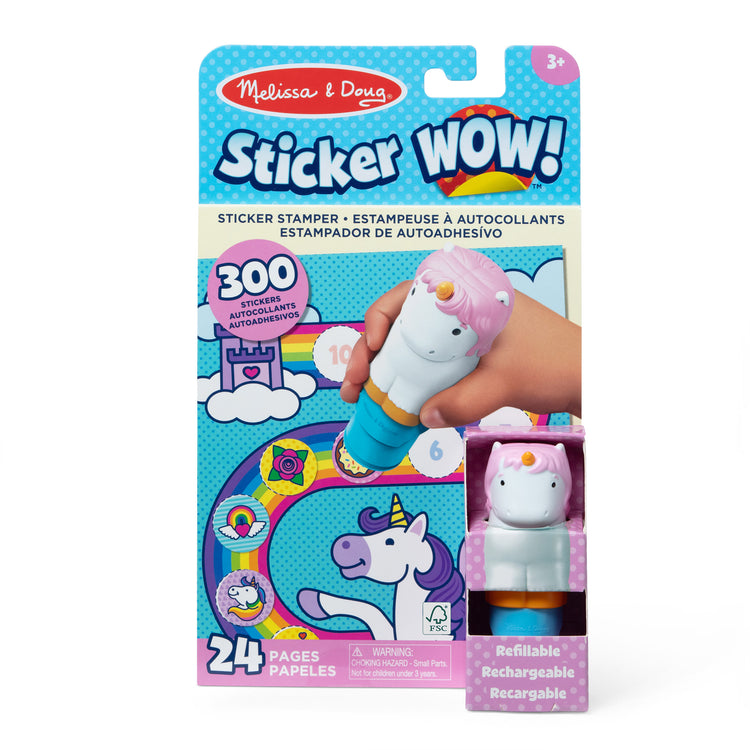 The front of the box for The Melissa & Doug Sticker WOW!™ 24-Page Activity Pad and Sticker Stamper, 300 Stickers, Arts and Crafts Fidget Toy Collectible Character – Unicorn