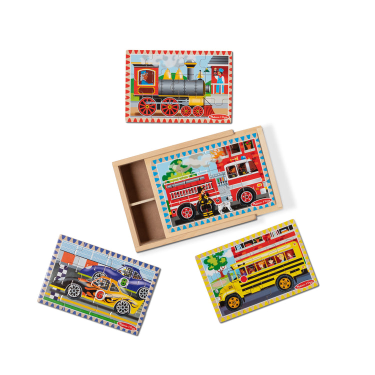 The loose pieces of The Melissa & Doug Vehicles 4-in-1 Wooden Jigsaw Puzzles in a Storage Box (48 pcs)