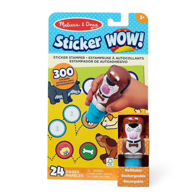 The front of the box for The Melissa & Doug Sticker WOW!™ 24-Page Activity Pad and Sticker Stamper, 300 Stickers, Arts and Crafts Fidget Toy Collectible Character – Dog