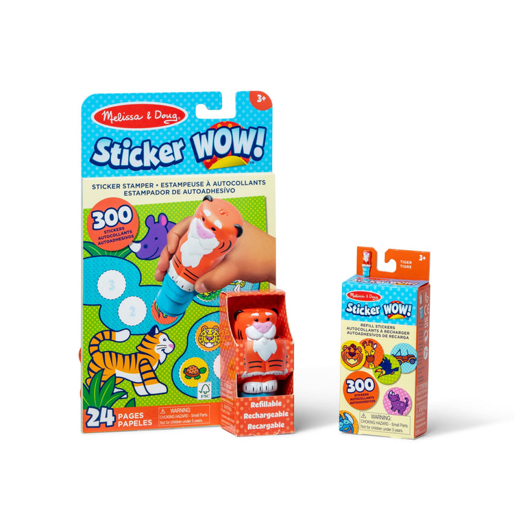 The front of the box for The Melissa & Doug Sticker WOW!™ Tiger Bundle: Sticker Stamper, 24-Page Activity Pad, 600 Total Stickers, Arts and Crafts Fidget Toy Collectible Character