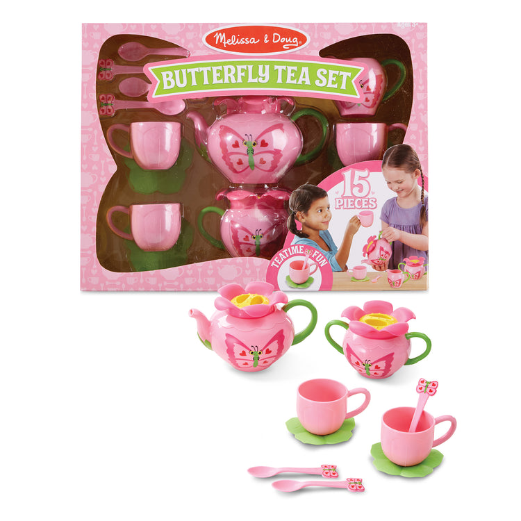 The loose pieces of The Melissa & Doug Butterfly Tea Set (15 pcs) - Play Food Accessories