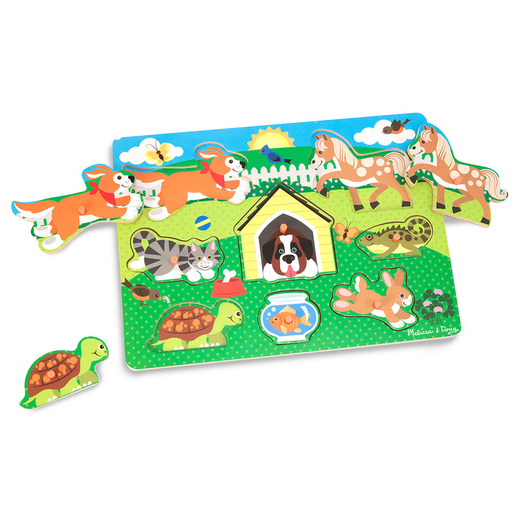 The loose pieces of The Melissa & Doug Wooden Peg Puzzle 4-Pack for Toddler and Preschool Boys and Girls – Vehicles, Farm, Safari, Pets