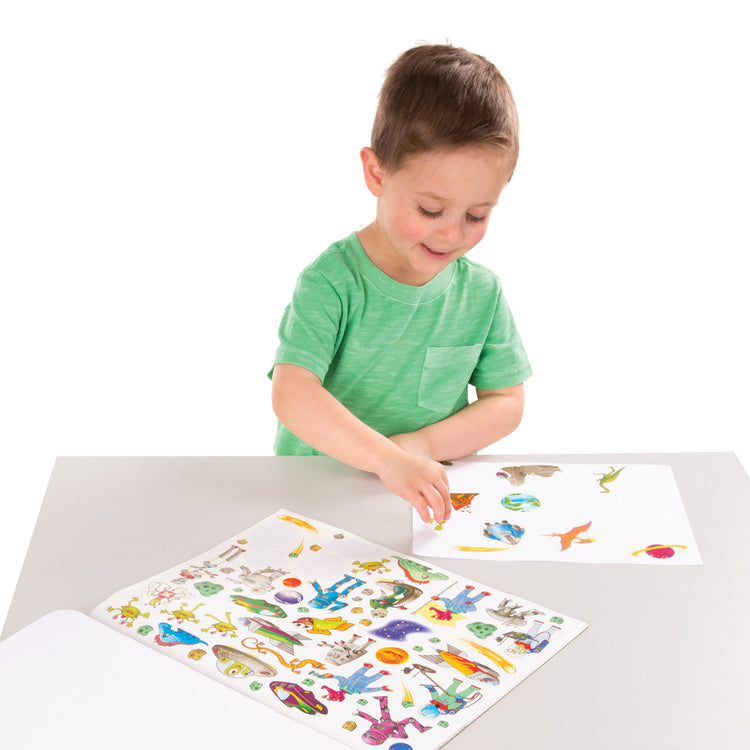A child on white background with The Melissa & Doug Sticker Collection Book: Dinosaurs, Vehicles, Space, and More - 500+ Stickers