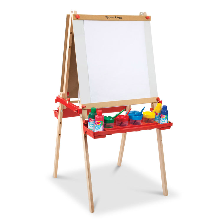 An assembled or decorated The Melissa & Doug Deluxe Magnetic Standing Art Easel With Chalkboard, Dry-Erase Board, and 39 Letter and Number Magnets