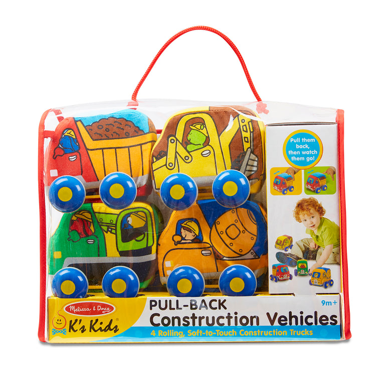 The front of the box for The Melissa & Doug Pull-Back Construction Vehicles - Soft Baby Toy Play Set of 4 Vehicles