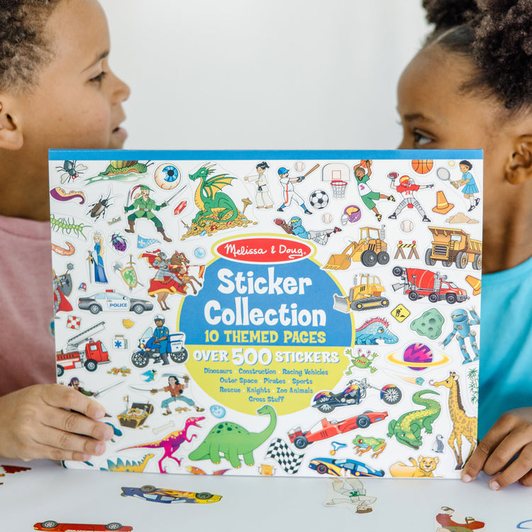 A kid playing with The Melissa & Doug Sticker Collection Book: Dinosaurs, Vehicles, Space, and More - 500+ Stickers