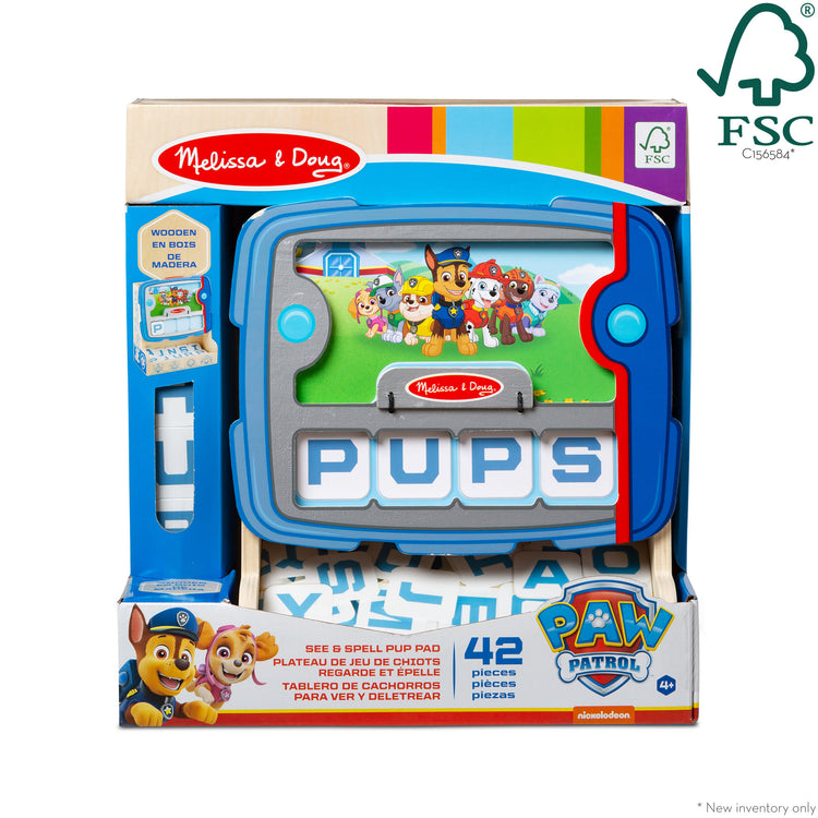The front of the box for The Melissa & Doug PAW Patrol Wooden See & Spell Pup Pad Game
