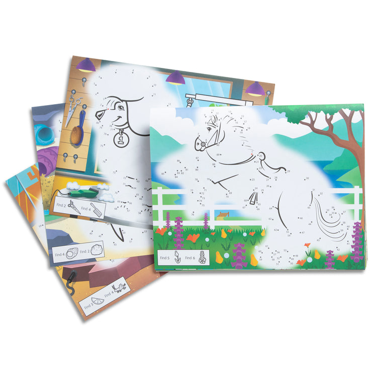 The loose pieces of The Melissa & Doug 123 Dot-to-Dot Pets Coloring Pad - Follow Numbers 1-100 and Seek and Find Activities; 40 11” x 14” Pages