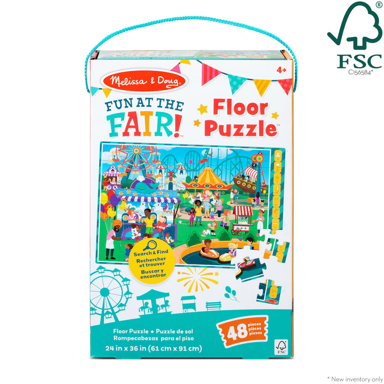 The front of the box for The Melissa & Doug Fun at the Fair! Cardboard Jigsaw Search & Find Floor Puzzle – 48 Pieces